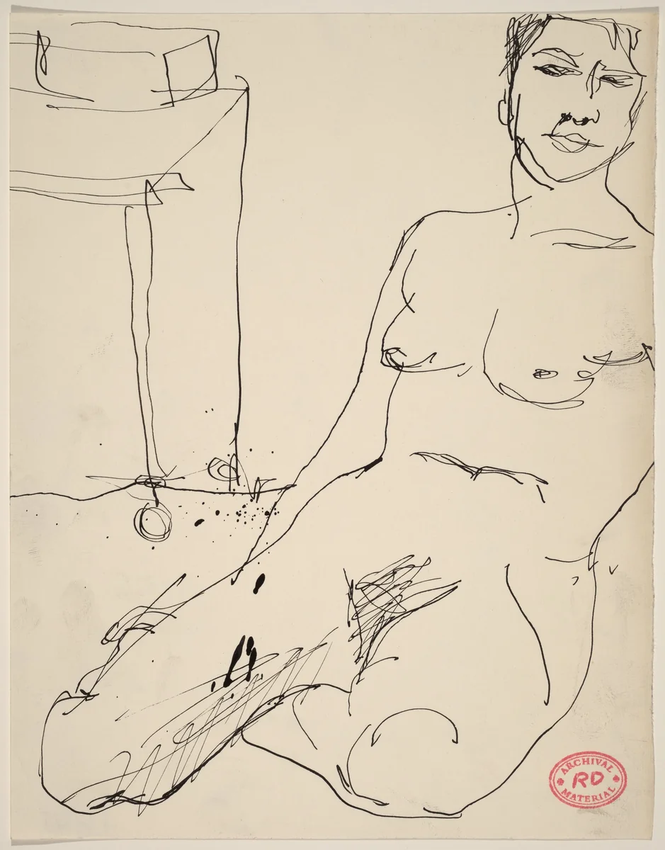 Untitled [female nude seated on floor near a table] by Richard Diebenkorn, drawing, 1955-1967