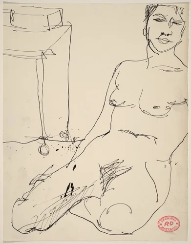 Untitled [female nude seated on floor near a table] by Richard Diebenkorn, drawing, 1955-1967