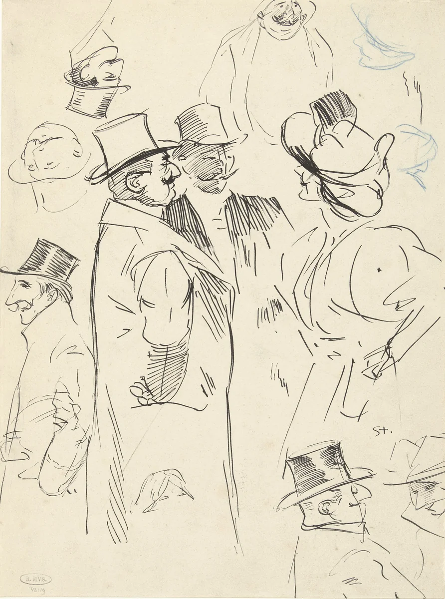 Karikaturale portretstudies van twee heren en een vrouw in gesprek by Théophile Alexandre Steinlen, drawing, 1869-1923