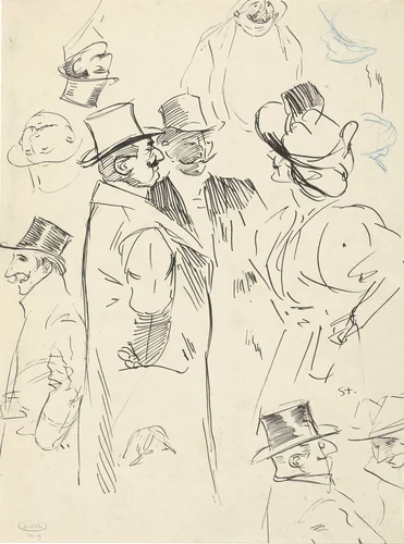 Karikaturale portretstudies van twee heren en een vrouw in gesprek by Théophile Alexandre Steinlen, drawing, 1869-1923