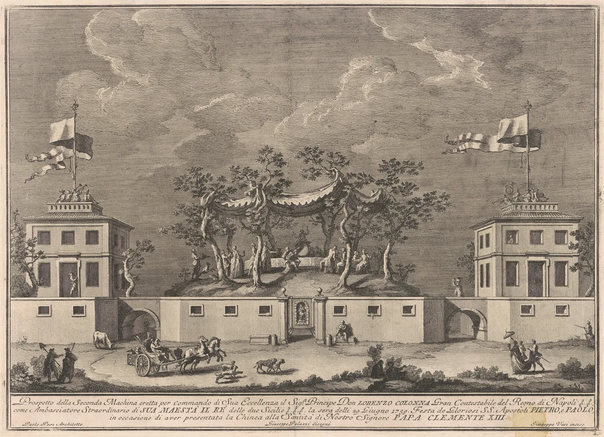 The Seconda Macchina for the Chinea of 1759: A "Deliziosa" with a Bacchanal by Giuseppe Vasi, print, 1759