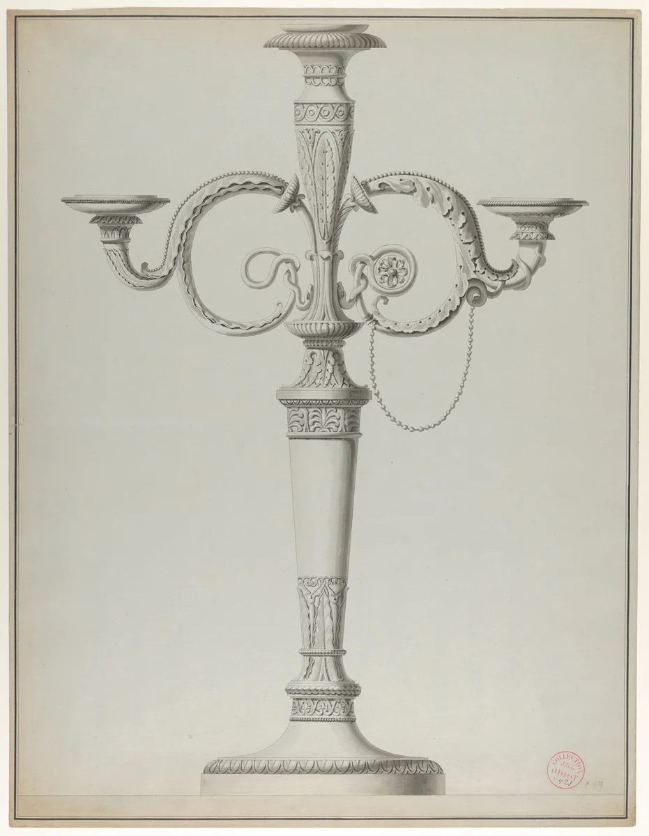 Candelabrum with Alternative Designs for the Arms by Henri Auguste, drawing, 1770-1816