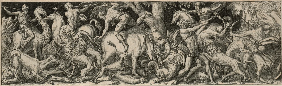 Combat of Men and Animals by Etienne Delaune, print, 1550-1572