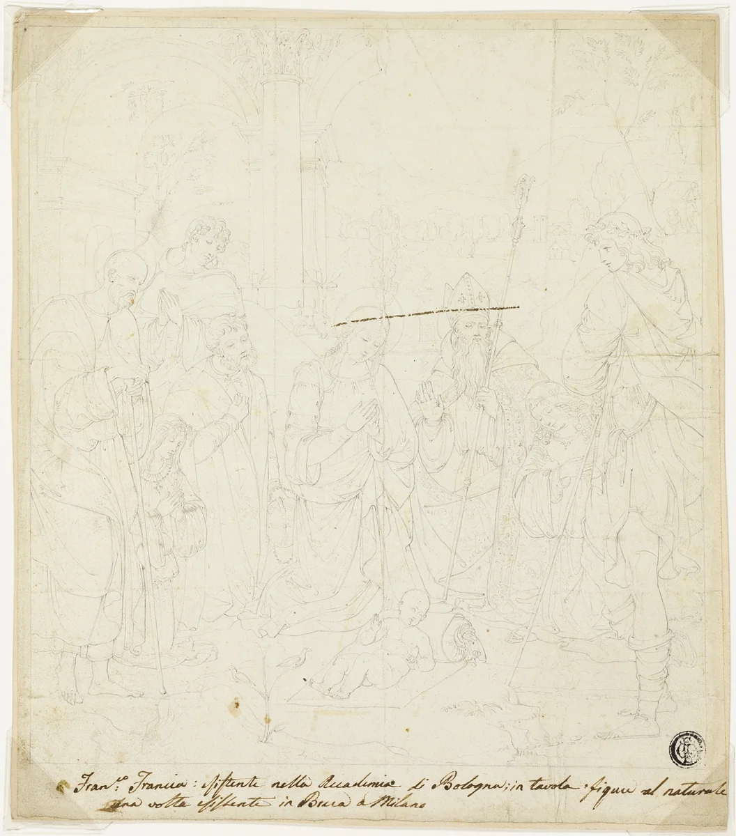 Adoration of the Christ Child, with Saints Joseph, Francis of Assisi, and Augustine, attended by Anton Galeazzo Bentivoglio and Alessandro Bentivoglio by Francesco Raibolini, drawing, 1818-1822