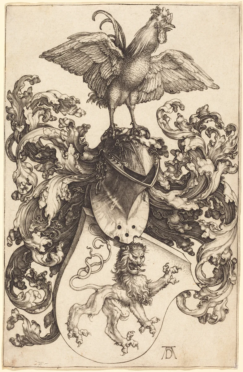 Coat of Arms with a Lion and a Cock by Albrecht Dürer, print, 1502-1503