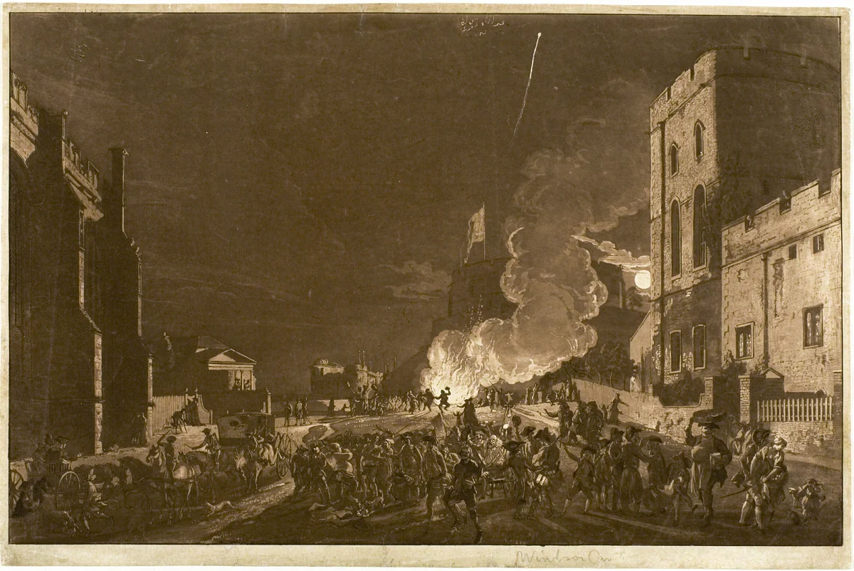 Windsor Castle from the Lower Court on the Fifth of November—Fireworks by Paul Sandby, print, 1776