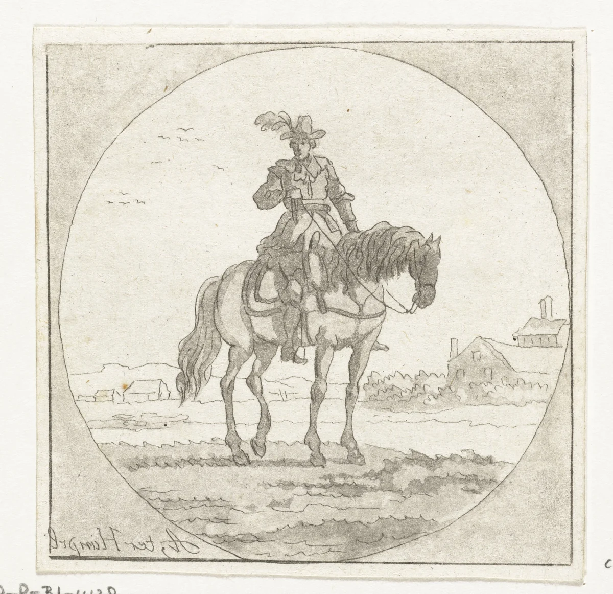 Ruiter op staand paard in medaillon by Anthonie van den Bos, print, 1778-1838