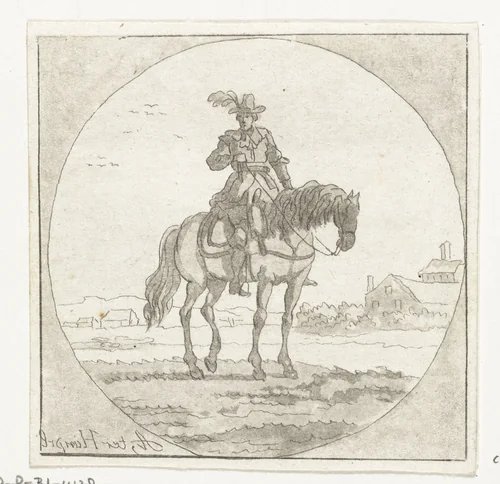 Ruiter op staand paard in medaillon by Anthonie van den Bos, print, 1778-1838