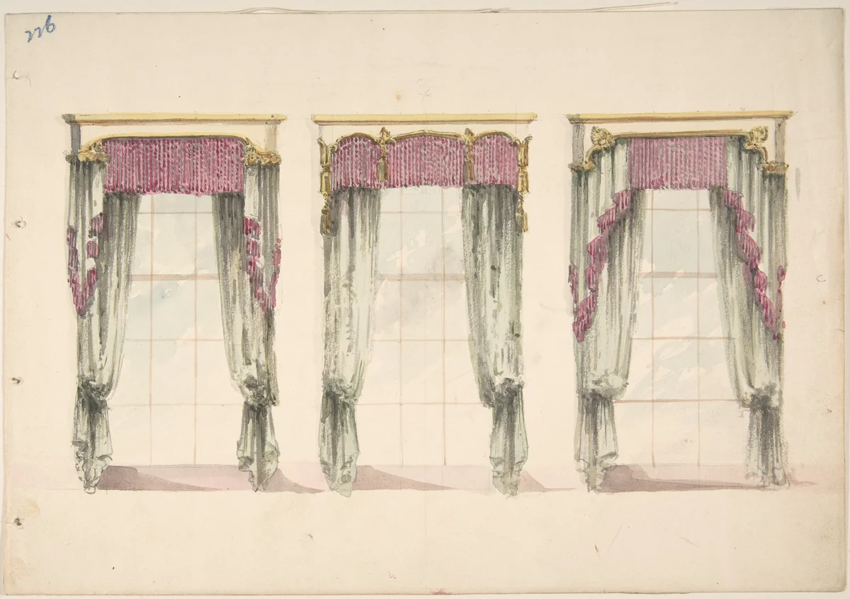Design for Gray Curtains with Pink Fringes, and White and Gold Pediments by anonymous, drawing, 1815-1825