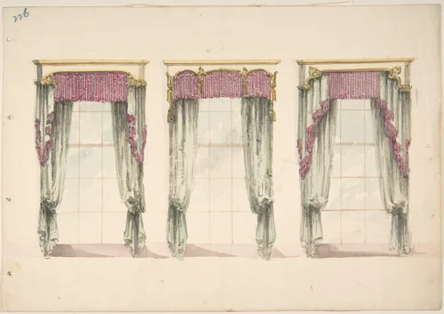 Design for Gray Curtains with Pink Fringes, and White and Gold Pediments by anonymous, drawing, 1815-1825