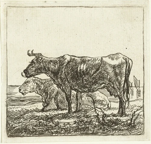 Twee koeien op rivieroever by Aelbert Cuyp, print, 1630-1691