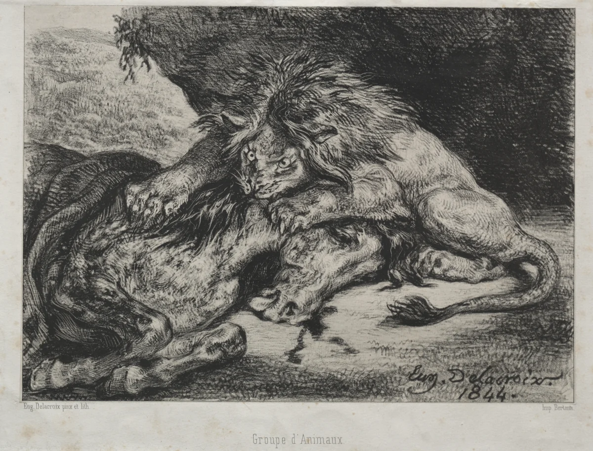 Lion Devouring a Horse by Eugène Delacroix, print, 1844