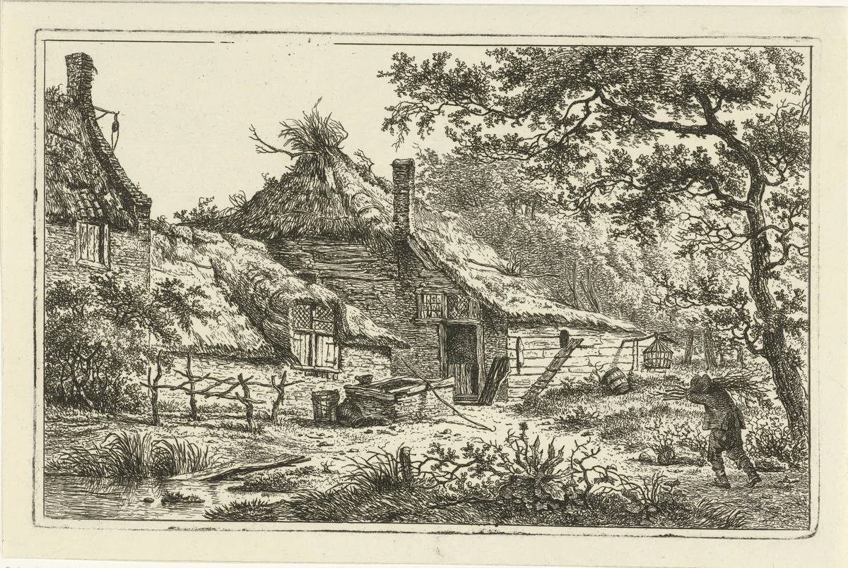 Boerenerf met man met sprokkelhout by Hermanus Fock, print, 1781-1822