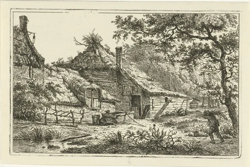 Boerenerf met man met sprokkelhout by Hermanus Fock, print, 1781-1822