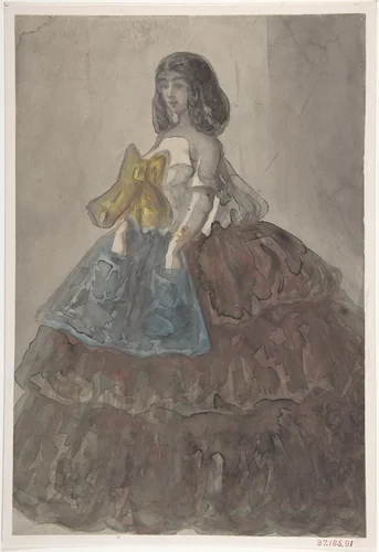 Woman in a Tiered Gown with a Large Bow by Constantin Guys, drawing, 1815-1892