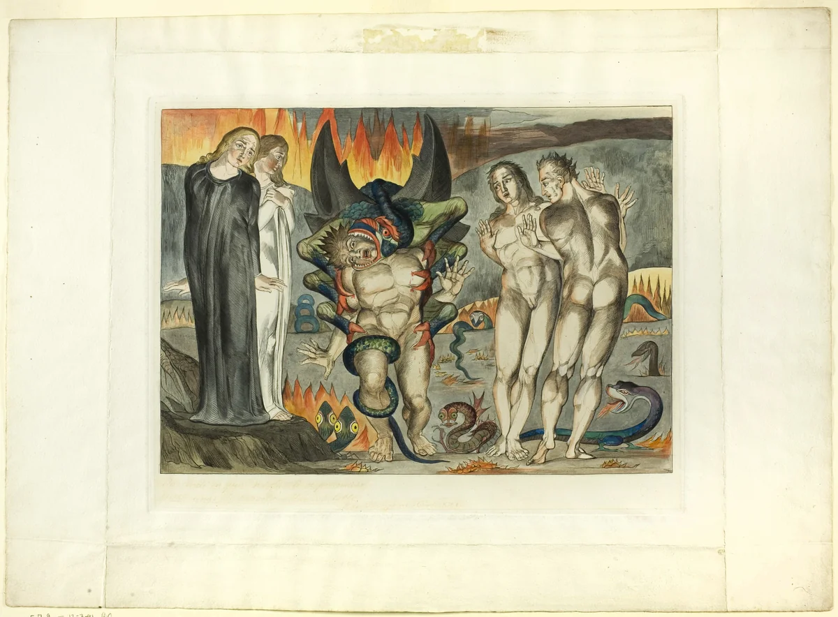 The Circle of the Thieves; Agnolo Brunelleschi Attacked by a Six-Footed Serpent. Inferno, canto XXV by William Blake, print, 1827