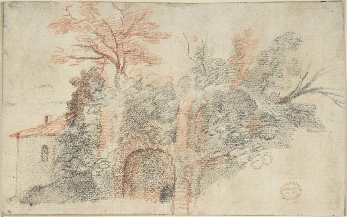Ruins and Trees by anonymous, drawing, 1600-1700
