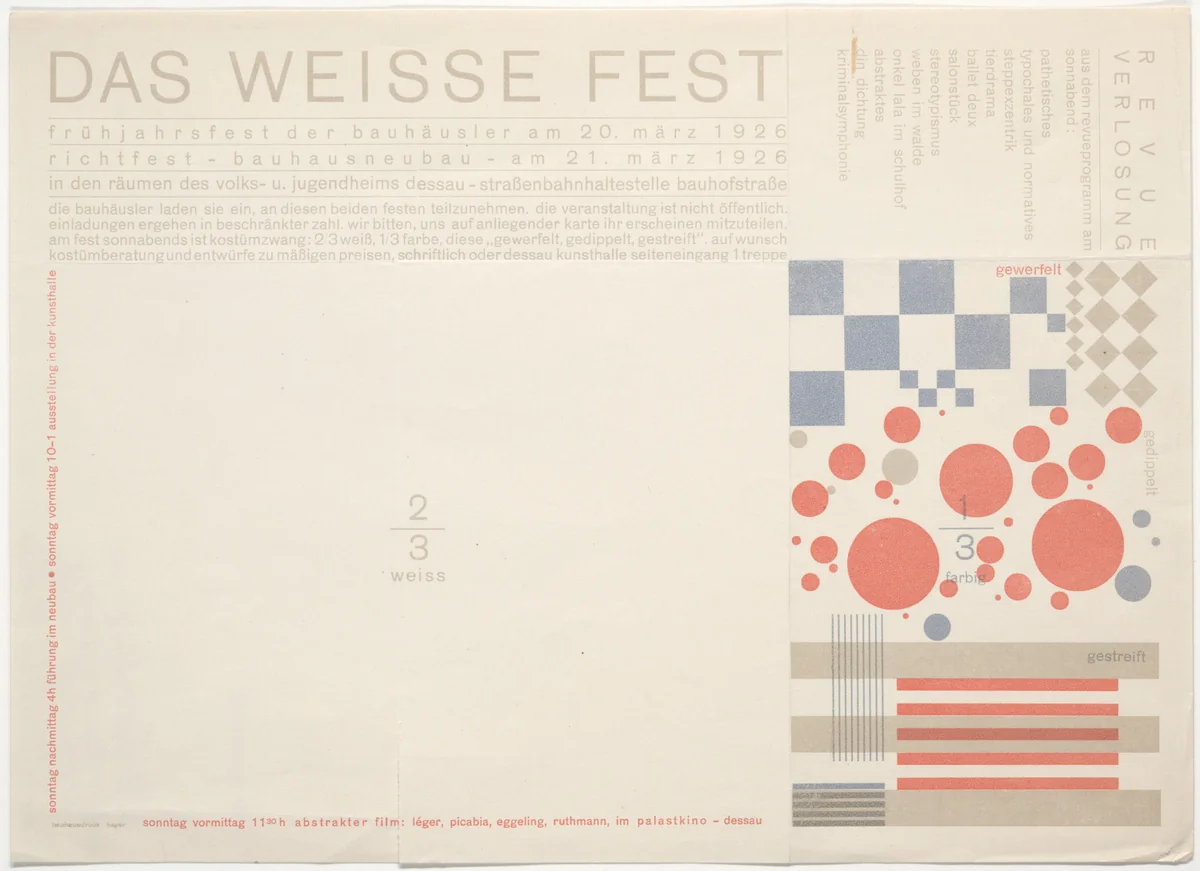 Das Weisse Fest, Frühjahrsfest der Bauhäusler am 20. Marz 1926, Richtfest-Bauhausneubau-am 21. Marz 1926 by Herbert Bayer, design, 1926
