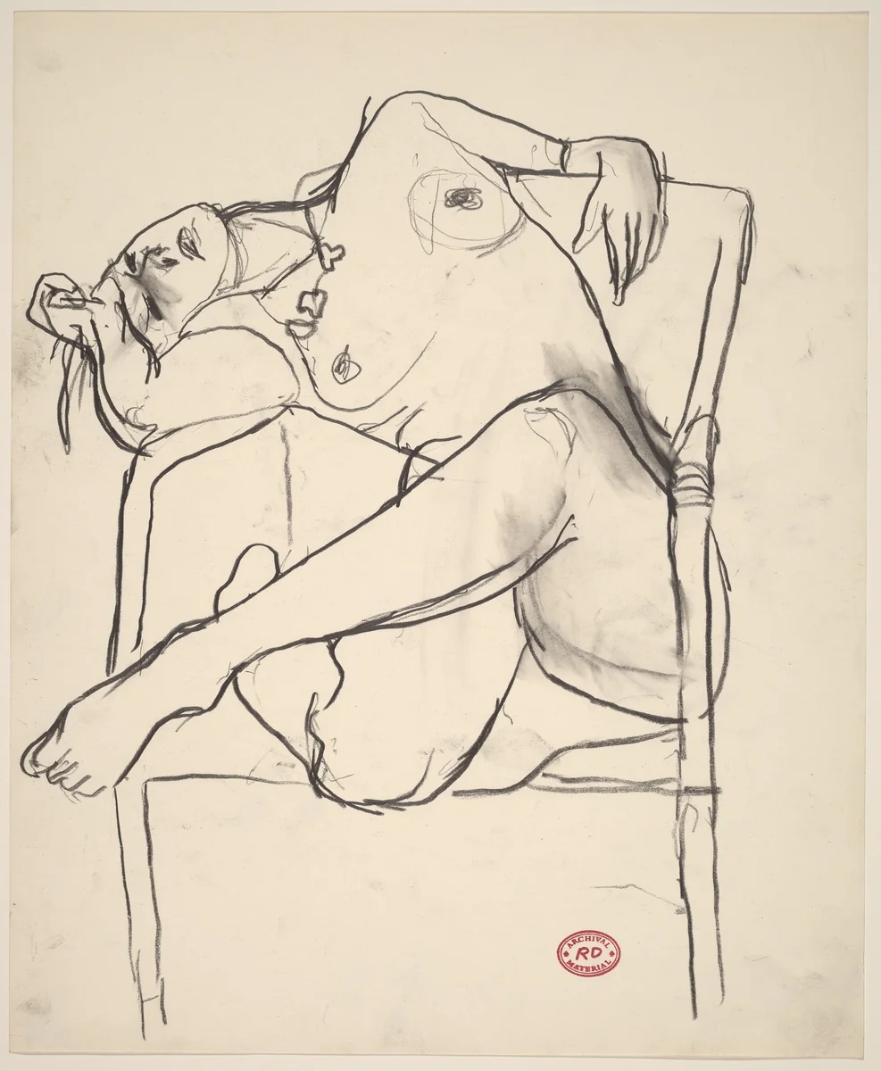 Untitled [seated female nude slouching over chair arm] by Richard Diebenkorn, drawing, 1955-1967