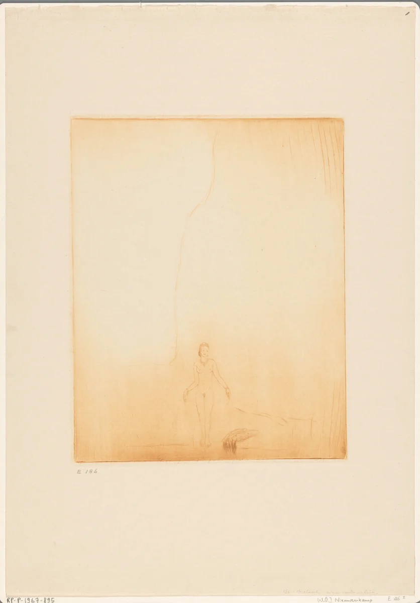 Badend meisje op de oever van de Ganges in Benares by Wijnand Otto Jan Nieuwenkamp, print, 1917