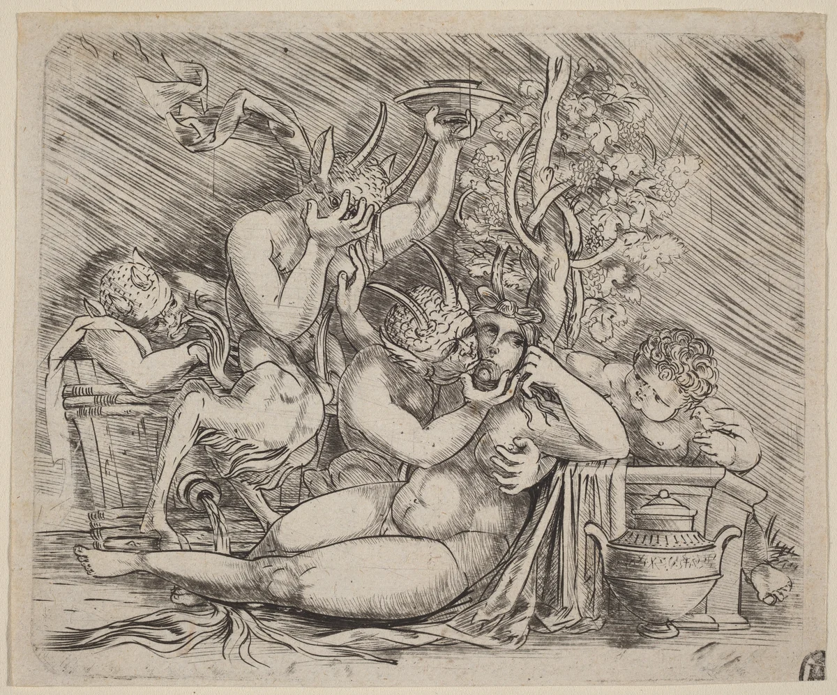 Bacchanalian Scene with Satyrs and a Maenad by Master of 1515, print, 1515