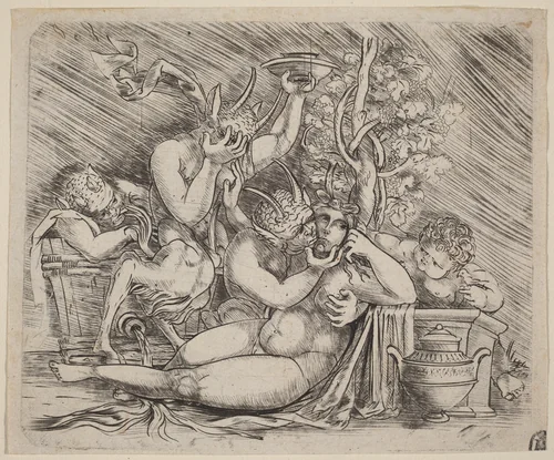 Bacchanalian Scene with Satyrs and a Maenad by Master of 1515, print, 1515