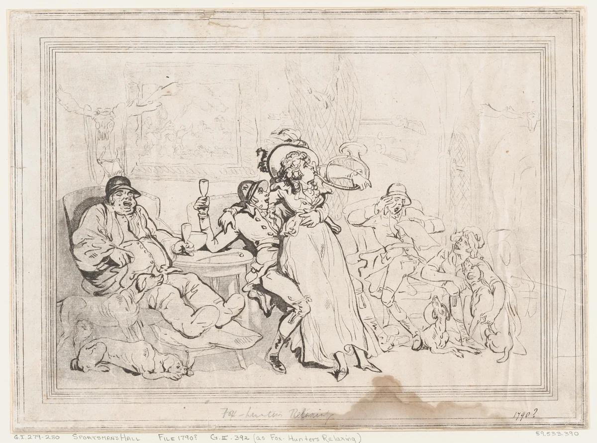 Sportsman's Hall, or Fox-Hunters Relaxing by Thomas Rowlandson, print, 1790