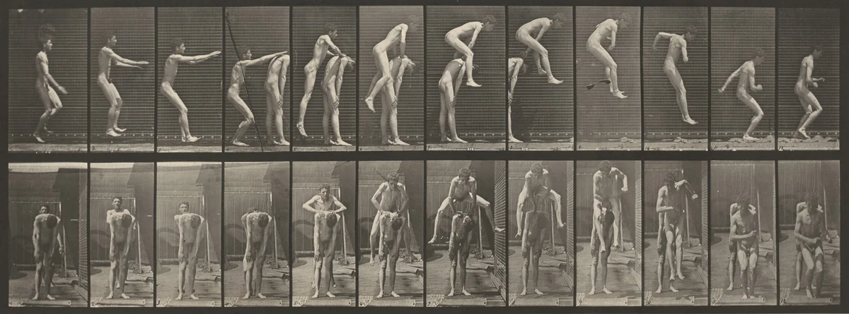 Plate Number 166. Jumping over a man's back (leapfrog) by Eadweard Muybridge, photograph, 1887