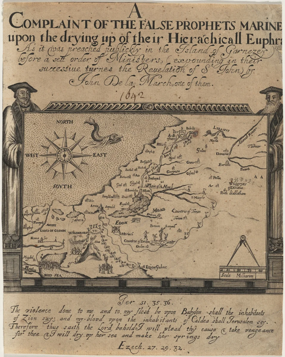 Frontispiece to Complaint of the False Prophets, by John de La Marche by John Droeshout, print, 1641