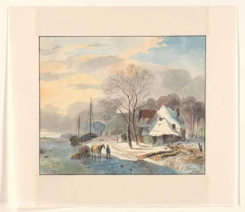 Winterlandschap met boerderij en kalkoven aan een rivier by Johannes van Reijn, drawing, 1800-1900