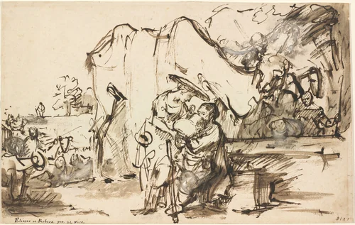 Eliezer and Rebecca at the Well by Rembrandt van Rijn; Carel Fabritius, drawing, 1640-1650