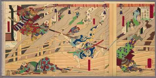 Mori Ranmaru Killed in Battle at Honnoji (Honnoji ni Mori Ranmaru uchijini no zu), from the series "The Record of Toyotomi's Achievements (Toyotomi kunkoki)" by Utagawa Yoshifuji, print, 1886