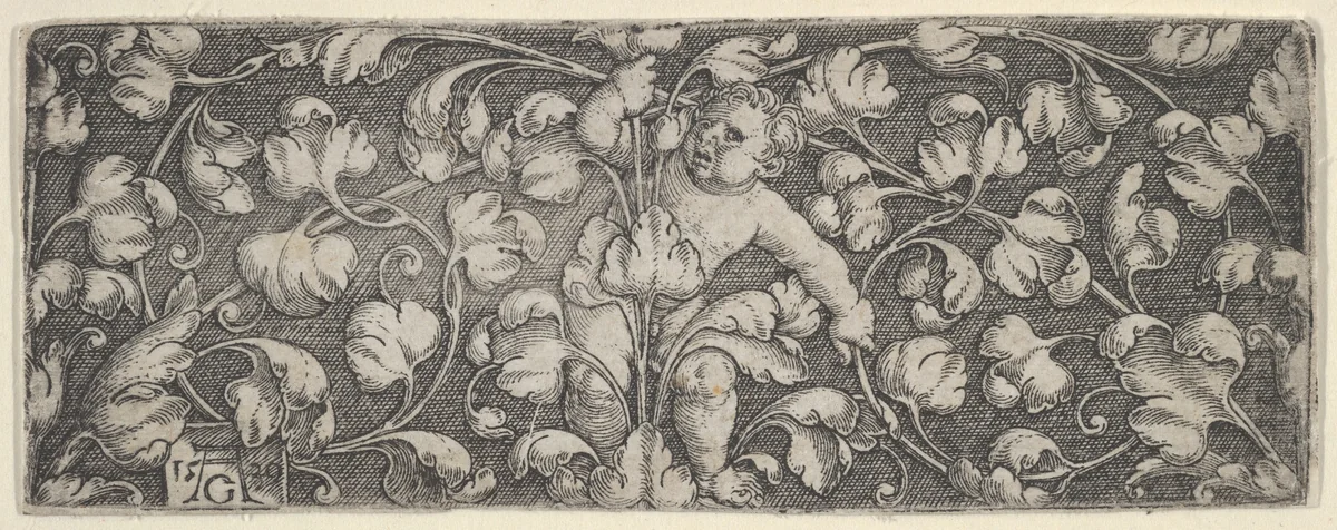 Horizontal Panel with Child Holding Tendrils Growing from Center by Heinrich Aldegrever, print, 1539