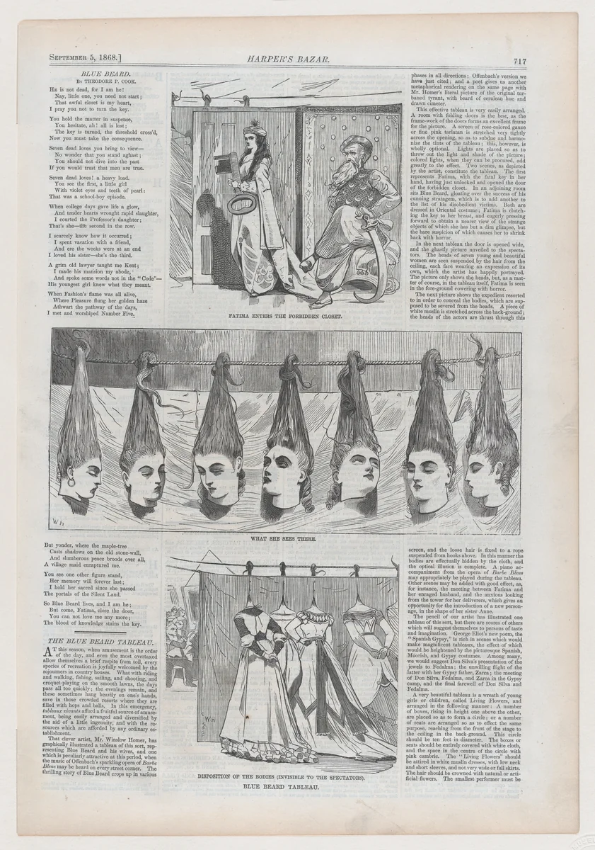 Blue Beard Tableau: Fatima Enters the Forbidden Court; What She Sees There; Disposition of the Bodies (Invisible to the Spectators) (from "Harper's Bazar," Vol. I) by Winslow Homer, print, 1868