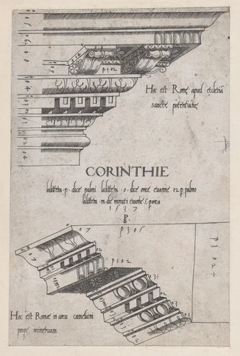 Entablatures from Santa Pudenziana and the Arch of Camigliano, from "Speculum Romanae Magnificentiae" by Master PS, print, 1537