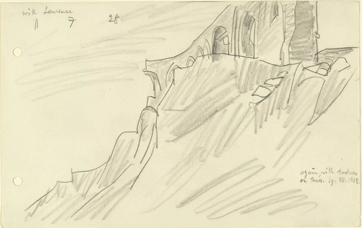 Ruin on the Cliff by Lyonel Feininger, drawing, 1928