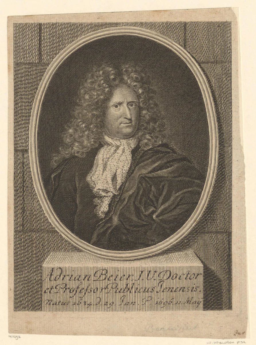 Portret van Adrian Beier by Martin Bernigeroth, print, 1696-1733