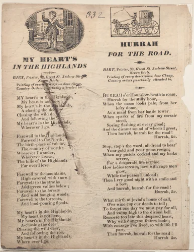 My Heart's in the Highlands (recto); Hurrah for the Road (verso) by anonymous, print, 1800-1900