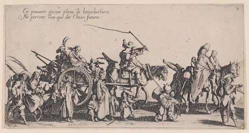 Les Bohémiens en Marche: L'Arrière-Garde, pièce aussi appelée Le Départ (The Gypsies Travelling: The Rear Guard, also called The Departure), from "Le Bohémiens, série appelée aussi Les Égyptiens, La Marche des Bohémiens, La Vie Errante des Bohémiens, Les Marches Égyptiennes" (The Gypsies, series also called The Egyptiens, The Gypsy Troops, The Wandering Lives of Gypsies, The Egyptian Troops) by Jacques Callot, print, 1610-1635