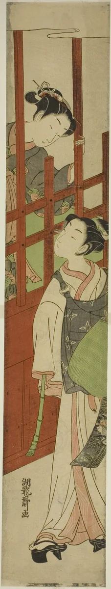 Courtesan Looks Down at Youth Dressed as Mendicant Monk by Isoda Koryusai, print, 1770-1774