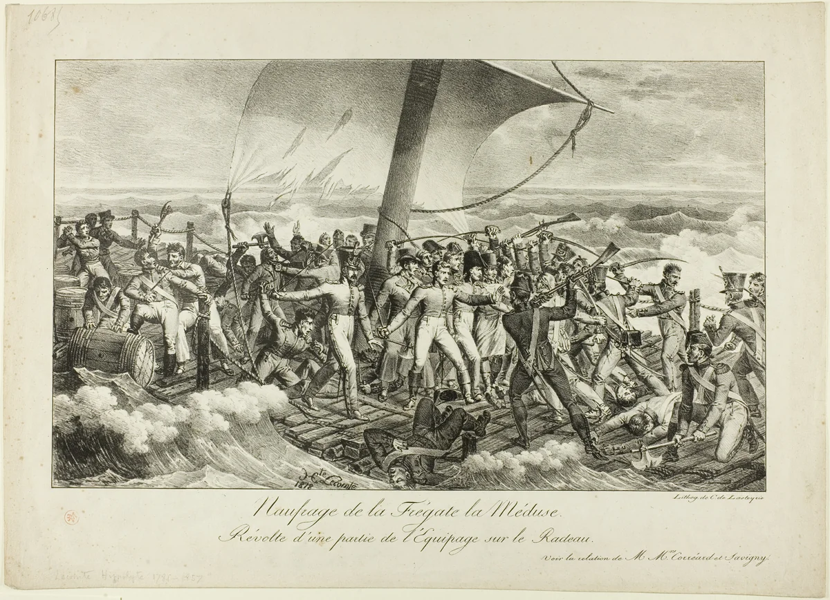 Shipwreck of the Frigate Medusa. Revolt of Some of the Crew on the Raft by Hippolyte Lecomte, print, 1818