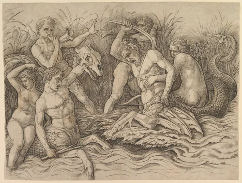 Battle of the Sea Gods (right portion of frieze) by Andrea Mantegna, print, 1481