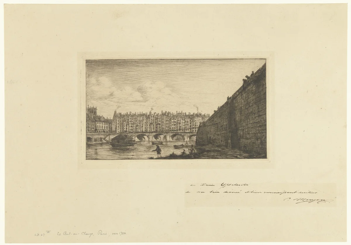 Pont-au-Change en kademuur langs Seine in Parijs by Charles Meryon, print, 1854