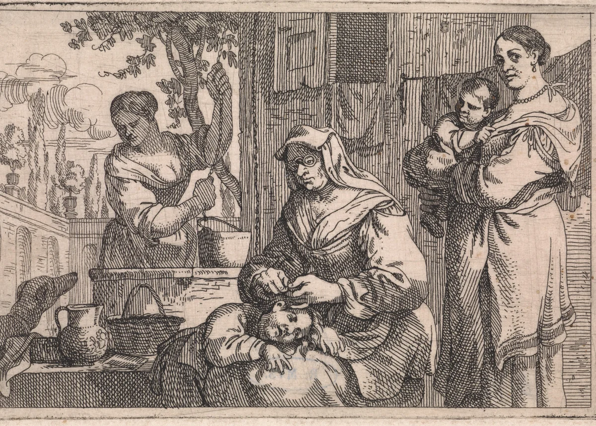 Oude vrouw ontluist een kind by Jan Baptist de Wael, print, 1642-1669