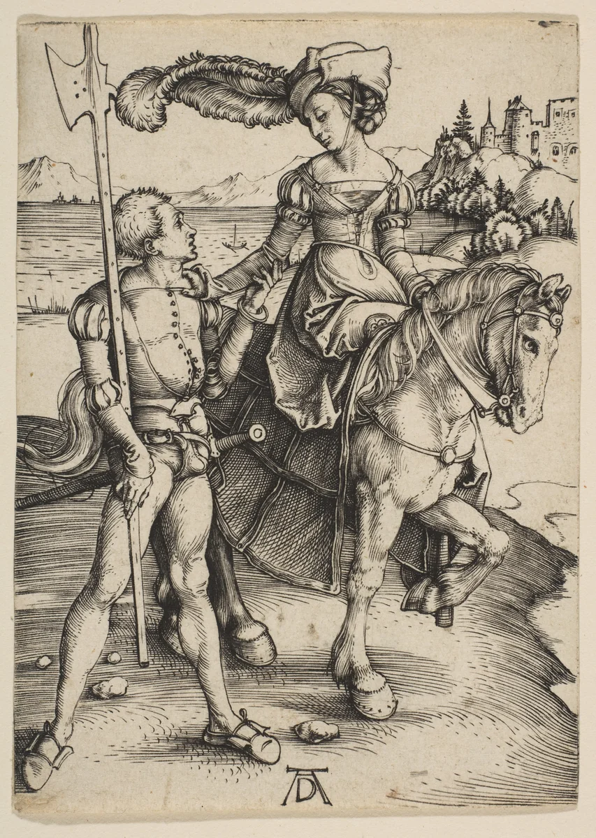 The Lady on Horseback and the Lansquenet by Albrecht Dürer, print, 1497