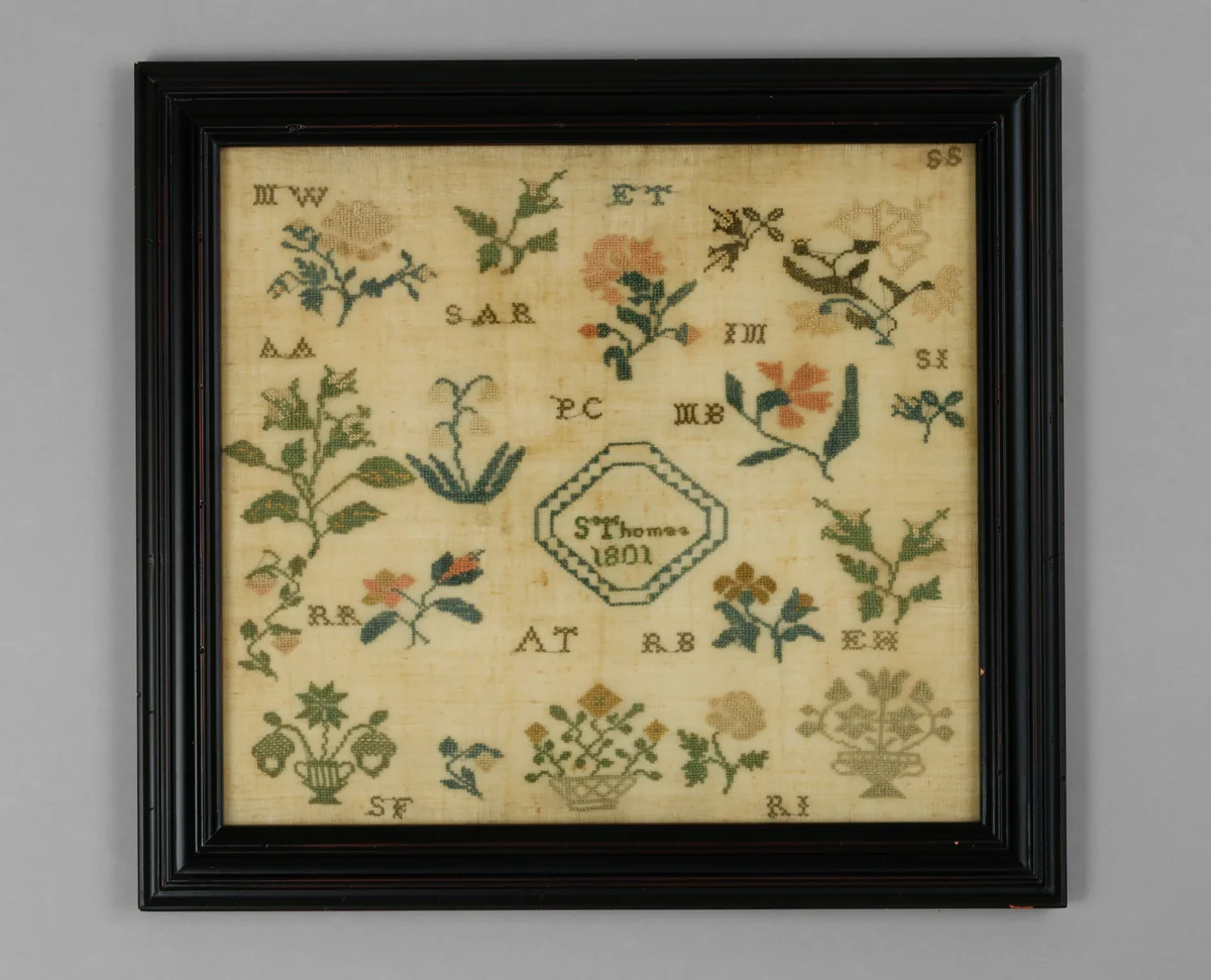 Sampler made at the Westtown Quaker School by Sarah Thomas, artwork, 1801