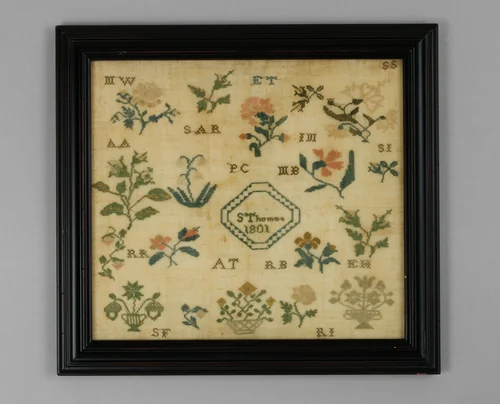Sampler made at the Westtown Quaker School by Sarah Thomas, artwork, 1801