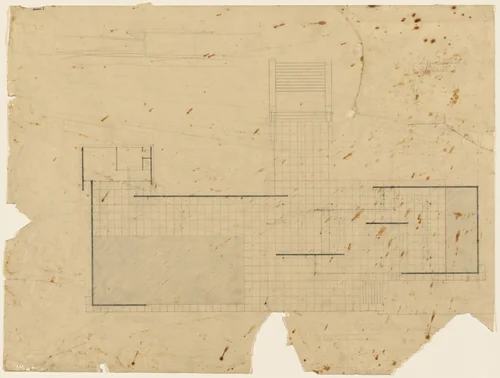 German Pavilion, International Exposition, Barcelona, Spain (Floor plan with elevation sketch) by Ludwig Mies van der Rohe, mies van der rohe archive, 1928