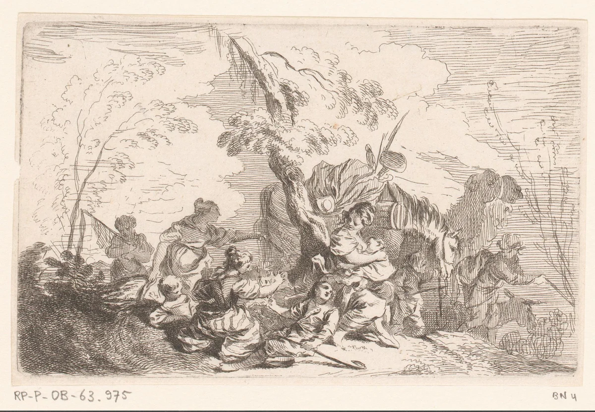 Landschap met reizigers by Jacques-Philippe Le Bas, print, 1736