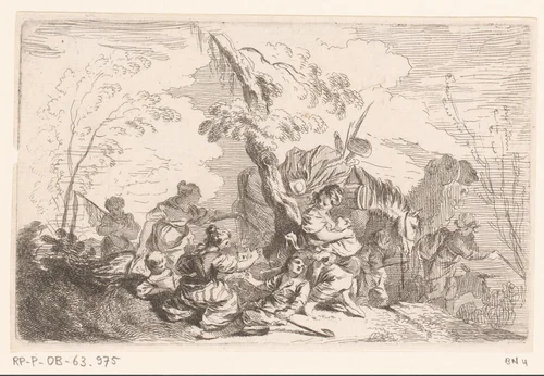 Landschap met reizigers by Jacques-Philippe Le Bas, print, 1736